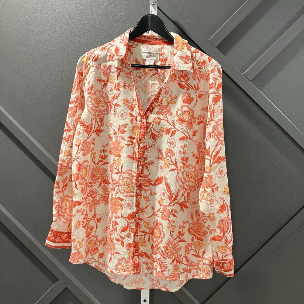 Rachel Zoe Shirt Women Sz M 100% Linen Floral Button Down Orange Boho Coastal